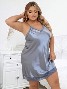 Talla grande Vestido de dormir de tirantes con encaje en contraste de satén - Gris - Ver 3
