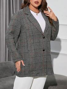 SHEIN LUNE Plus Plaid Print Lapel Neck Overcoat Fall Cloth For Women - Black - View 1