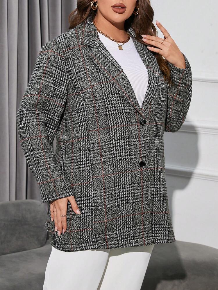 Plus Plaid Print Lapel Neck Overcoat Fall Cloth For Women