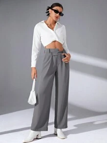 SHEIN Essnce Chất rắn Túi nghiêng quần ống rộng Quần tây - Màu xám đen - Xem 6