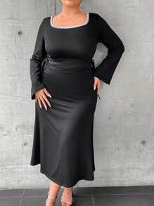 Flirla Plus Contrast Lace Trim Square Neck Drawstring Ruched Side Dress - Black - View 4