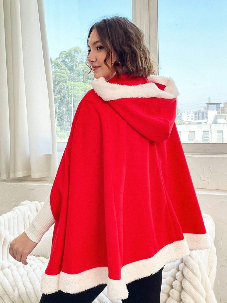 Plus Cloak Sleeve Fuzzy Trim Hooded Cape Overcoat Fall Cloth For Women