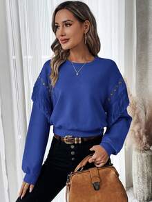 SHEIN Clasi Studded Detail Fringe Trim Drop Shoulder Sweatshirt - Royal Blue - View 5