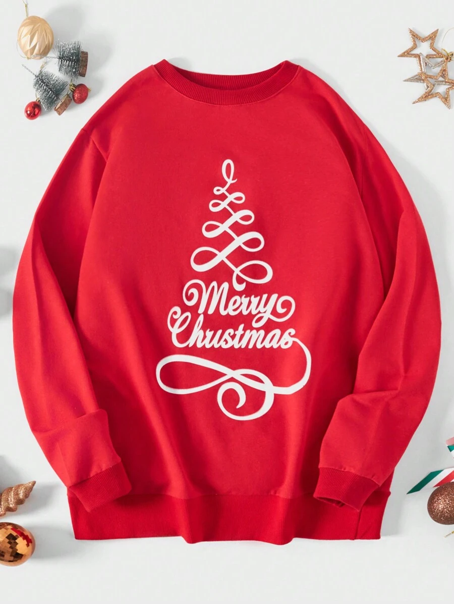 RueChic Men Christmas Print Round Neck Sweatshirt - Red - View 1