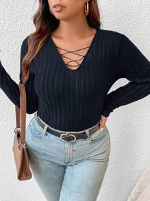 SHEIN Frenchy Talla grande Camiseta con tira cruzada delantera tejido de canalé - azul real - Ver 1