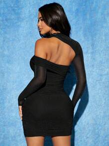 SHEIN PETITE Cổ không đối xứng Cắt ra Xù Long lanh Váy bodycon - màu đen - Xem 2