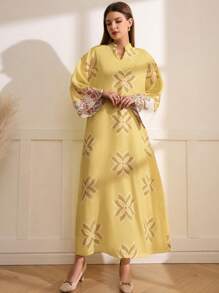 Al Najma Vestido De Manga Larga Con Cuello En V Y Estampado Floral Para Mujer - Amarillo - Ver 6