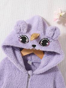 Young Girl 3D Ear Design Zip Up Hooded Teddy Jacket - Mauve Purple - View 5