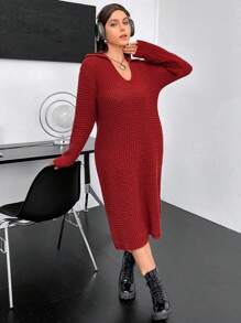 Flirla Plus Solid Drop Shoulder Sweater Dress - Burgundy - View 5
