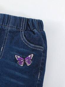 Young Girl Butterfly Embroidery Bow Front Flare Leg Jeans - Dark Wash - View 4
