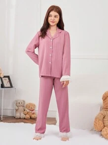 Adolescent Fille Ensemble De Pyjama Contrastant À Volants À Bouton - Vieux Rose - Voir 5