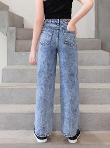 Tween Girl Slant Pocket Straight Leg Jeans - Blue - View 2