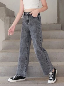 少女休闲波西米亚风都市弹力腰平口袋直筒牛仔裤，日常时尚 - 黑色 - 查看 3