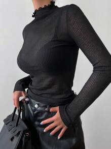 Mock Neck Lettuce Trim Tee Without Bra Long Sleeve Top - Black - View 7
