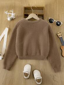 SHEIN Tween Girl Drop Shoulder Fluffy Knit Cardigan - Mocha Brown - View 2