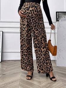 SHEIN Maternity Leopard Print Elastic Waist Wide Leg Pants - Multicolor - View 2