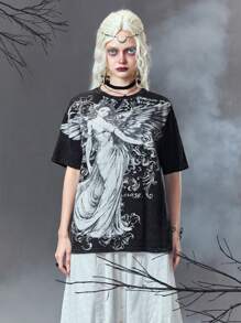 ROMWE Goth 女士肖像及字母印花圓領t恤 - 黑色 - 查看 4