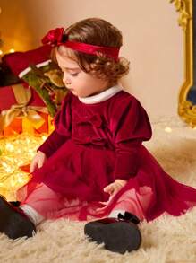 女嬰前蝴蝶結羊腿袖網紗邊洋裝＆ 頭巾