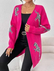 SHEIN Essnce Leopard Pattern Drop Shoulder Duster Cardigan - Hot Pink - View 5