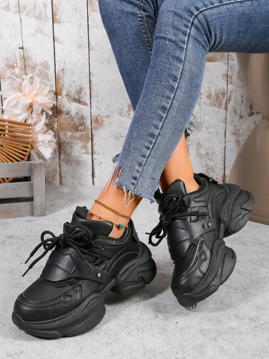 Women's Platform Wedge Sneakers - Black - View 1