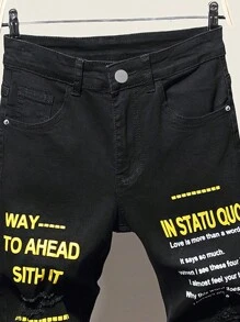 Manfinity Homme Nam Quần jean rách Bông Đồ họa Khẩu hiệu - màu đen - Xem 3