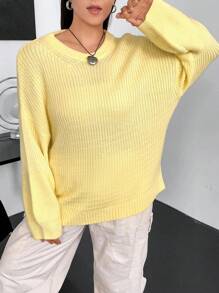 Flirla Plus Solid Drop Shoulder Sweater - Yellow - View 3