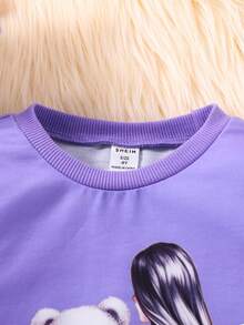 SHEIN Young Girl Bear & Figure Graphic Sweatshirt - Purple - View 3