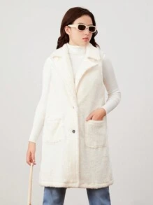 Teen Girl Lapel Neck Dual Pocket Fuzzy Vest Coat - Apricot - View 6