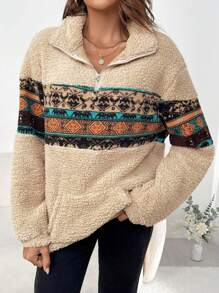 SHEIN LUNE In Địa lý Túi kangaroo Thả vai Teddy Áo nỉ - Màu Khaki - Xem 1