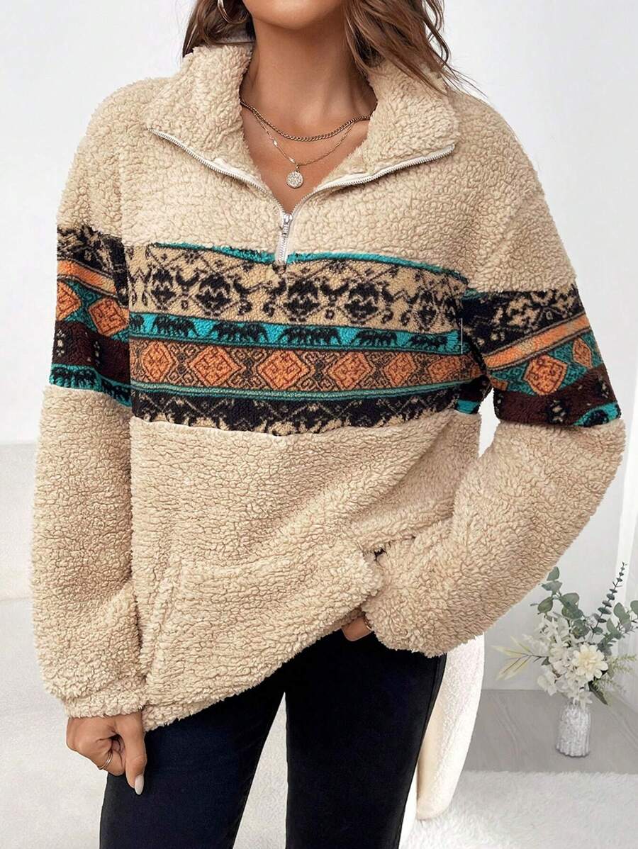 SHEIN LUNE In Địa lý Túi kangaroo Thả vai Teddy Áo nỉ - Màu Khaki - Xem 1