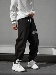 Manfinity EMRG Men's Drawstring Waist Jeans With Letter Print - Black - View 1