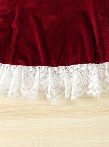 Baby Girl Contrast Lace Ruffle Hem Velvet Dress - Burgundy - View 3