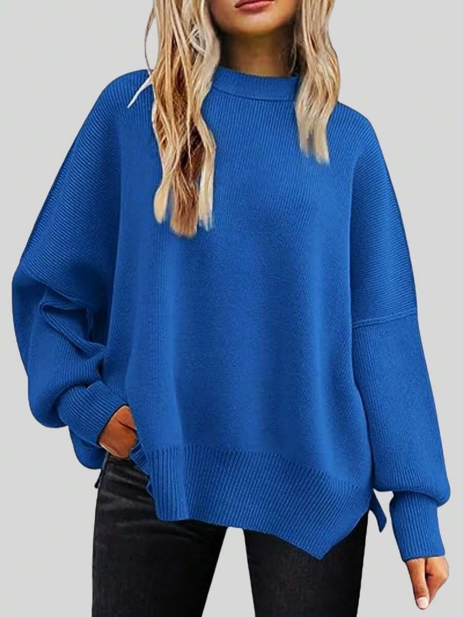 Mock Neck Drop Shoulder Split Hem Sweater,Long Sleeve Tops - Blue - View 1