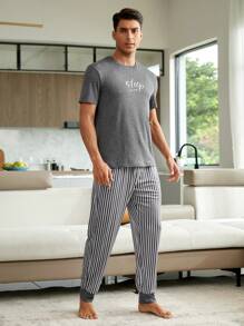 CoupledUp Men Letter Graphic Tee & Striped Pants PJ Set / Pajama Set Couple Matching Set(Sold Separately) - Dark Grey - View 3