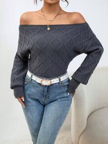 SHEIN Essnce Off Shoulder Lantern Sleeve Sweater - Grey - View 6