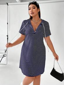 Flirla 夏季加大条纹抽绳连帽 T 恤连衣裙 - 藍色 - 查看 7