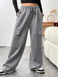 SHEIN Unity 側翻蓋口袋腰部抽繩工裝衛褲 - 灰色 - 查看 4