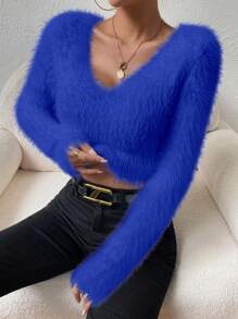 Allurite Jersey unicolor de cuello V crop de peluche