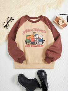 Tween Girl Cartoon & Letter Graphic Raglan Sleeve Thermal Lined Sweatshirt - Apricot - View 1