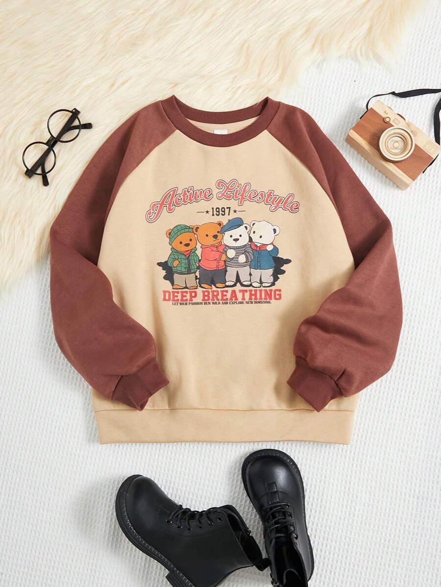 Tween Girl Cartoon & Letter Graphic Raglan Sleeve Thermal Lined Sweatshirt - Apricot - View 1