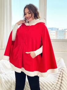 Flirla Plus Cloak Sleeve Fuzzy Trim Hooded Cape Overcoat Fall Cloth For Women - Red - View 6