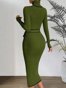 SHEIN Clasi Tương phản ràng buộc Áo cao cổ Thắt lưng Váy len bó sát - xanh quân đội - Xem 2