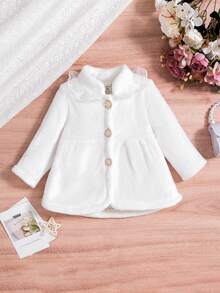 Bebé niña Abrigo unicolor con botón delantero ribete con encaje en contraste de franela - Blanco - Ver 1