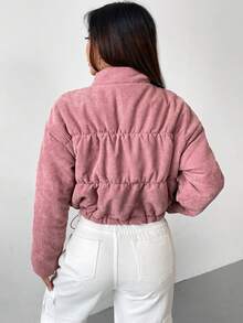 SHEIN EZwear Áo khoác nhung kẻ có đệm vai thả khóa kéo - Màu Hồng baby - Xem 2