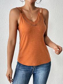 SHEIN LUNE 素色V領蕾絲拼接背心上衣 - 橘色 - 查看 5