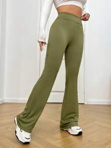 SHEIN EZwear High Waist Flare Leg Pants - Green - View 1