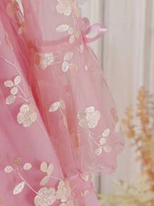 SHEIN Chica preadolescente Vestido de fiesta con bordado floral con lazo delantero de manga con volante con malla - Rosa - Ver 4