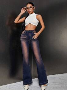 SHEIN ICON 高腰牛仔喇叭褲 - 咖啡棕 - 查看 3