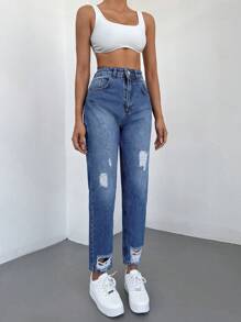 SHEIN Cottnline High Waist Ripped Mom Fit Jeans - 藍色 - 查看 6