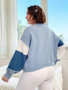 Flirla Cárdigan con bloque de color y hombros caídos talla grande - Azul - Ver 2